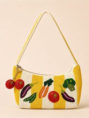 Yellow & White Beaded Veggie Stripe Shoulder Bag